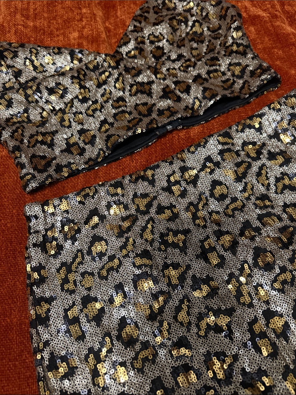 Revamped | Gold & Black Sequin Leopard Crop Top and Skirt Set | L - Picture 5 of 11